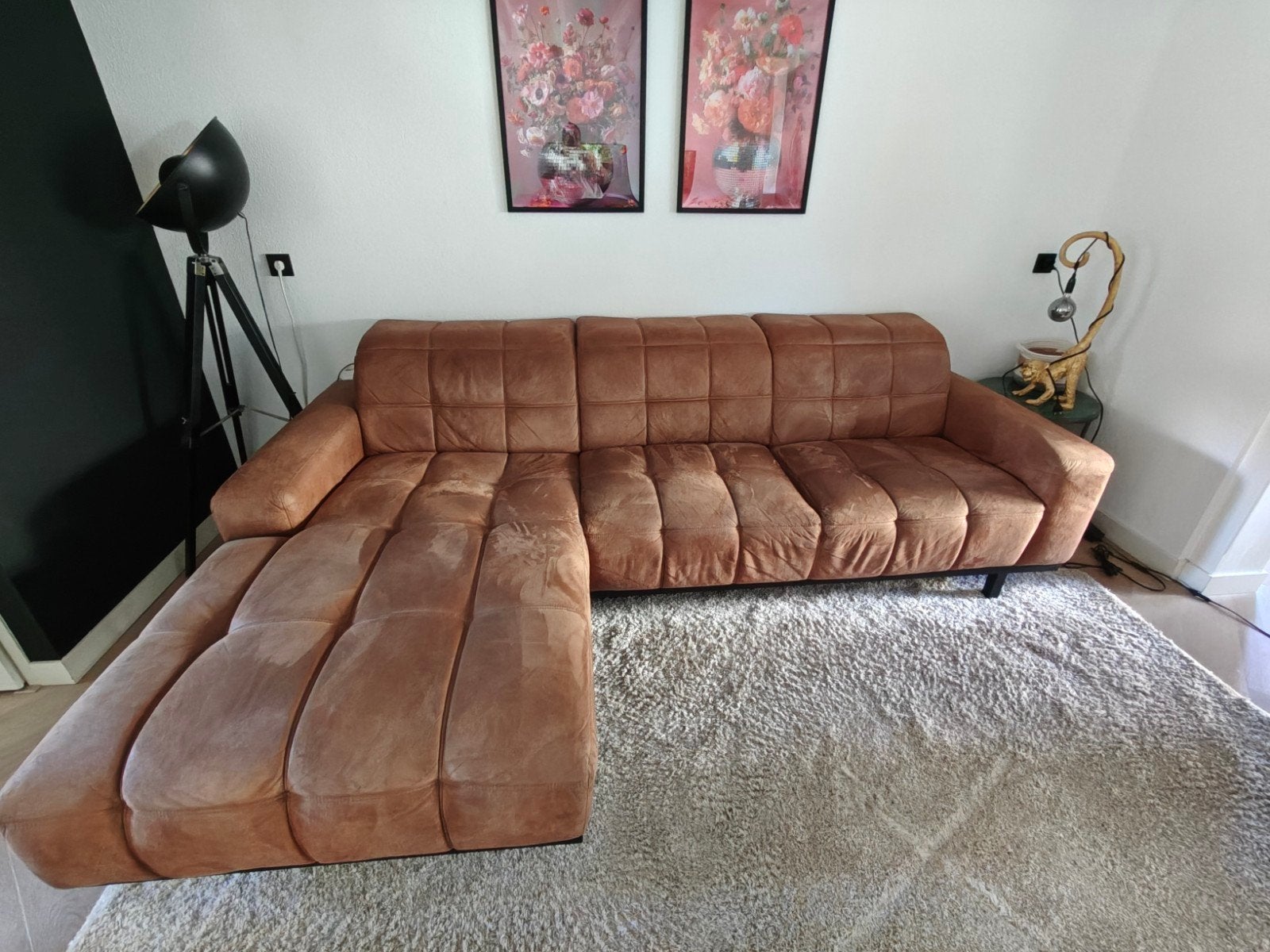 Hoekbank bruin microleer  met chaise longue, Ophalen, 250 tot 300 cm, Gebruikt, Leer