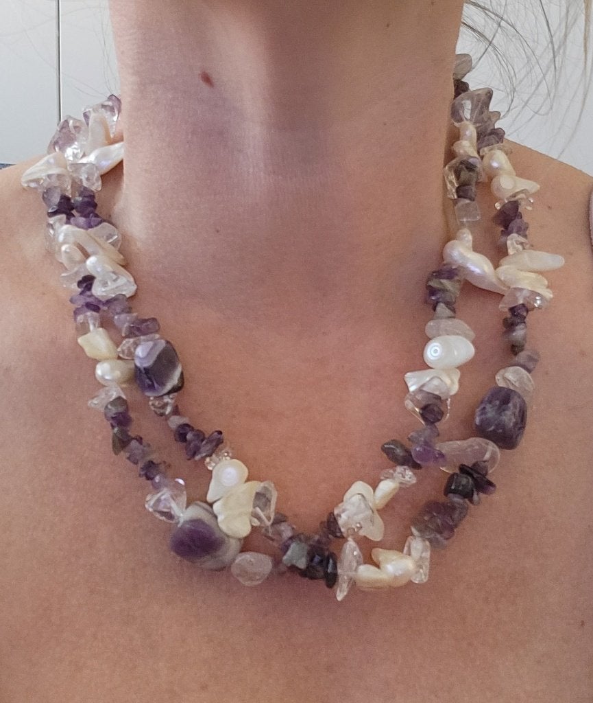 Mooie dubbele ketting met amethist en bergkristal, Sieraden, Tassen en Uiterlijk, Kettingen, Met edelsteen, Paars, Ophalen of Verzenden