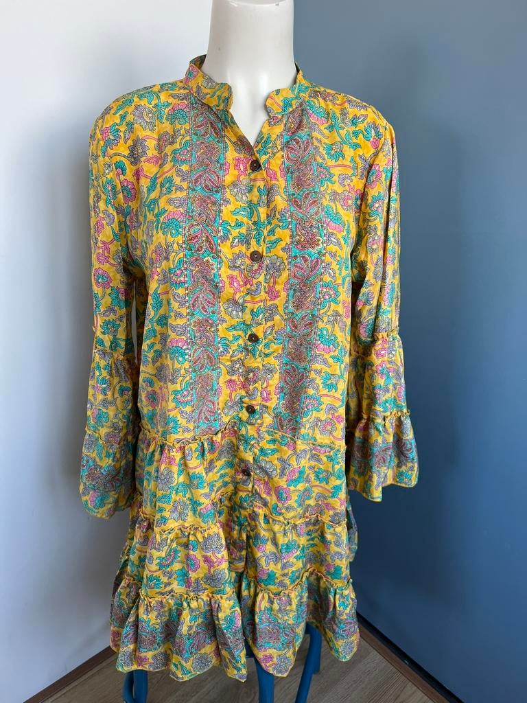 Bigg bull gele boho gipsy ibiza batik zijde jurk free-size, Maat 38/40 (M), Geel, Ophalen of Verzenden, Zo goed als nieuw