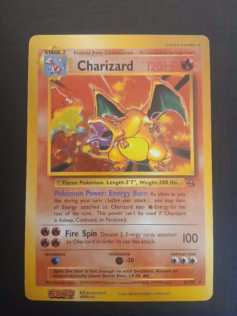 Jumbo Charizard Corocoro Promo 1999 Pokemon Card 4/102, Ophalen of Verzenden, Gebruikt, Losse kaart