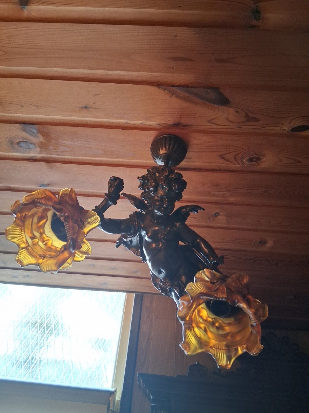 Antieke bronzen engel plafondlamp met glazen kappen, Antiek en Kunst, Antiek | Lampen, Ophalen