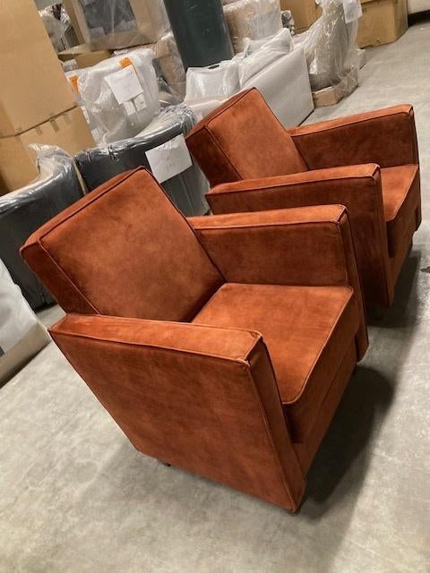 2 fauteuils stof velvet velours kleur roest bruin terra, Huis en Inrichting, Fauteuils, 75 tot 100 cm, Ophalen of Verzenden, Zo goed als nieuw