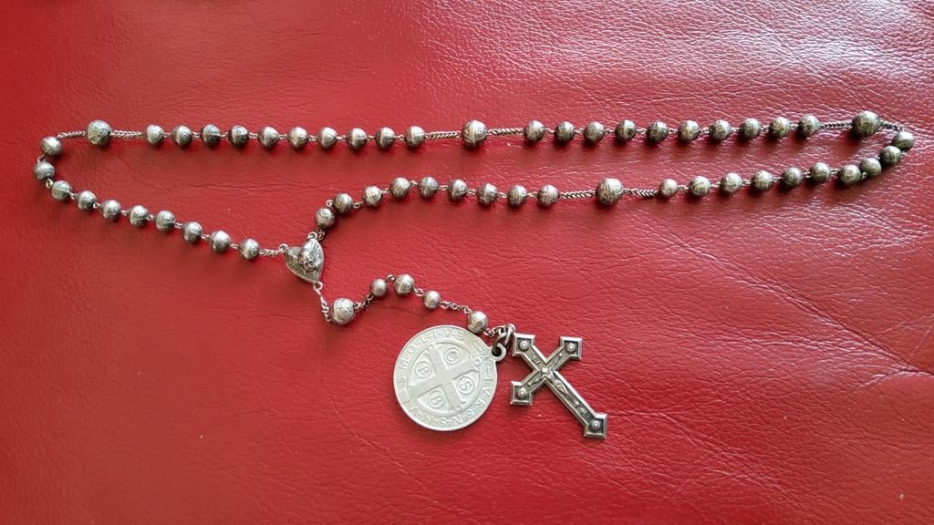Antiek zeldzame zilver rozenkrans relatief op kralen engel., Antiek en Kunst, Ophalen of Verzenden, Zilver