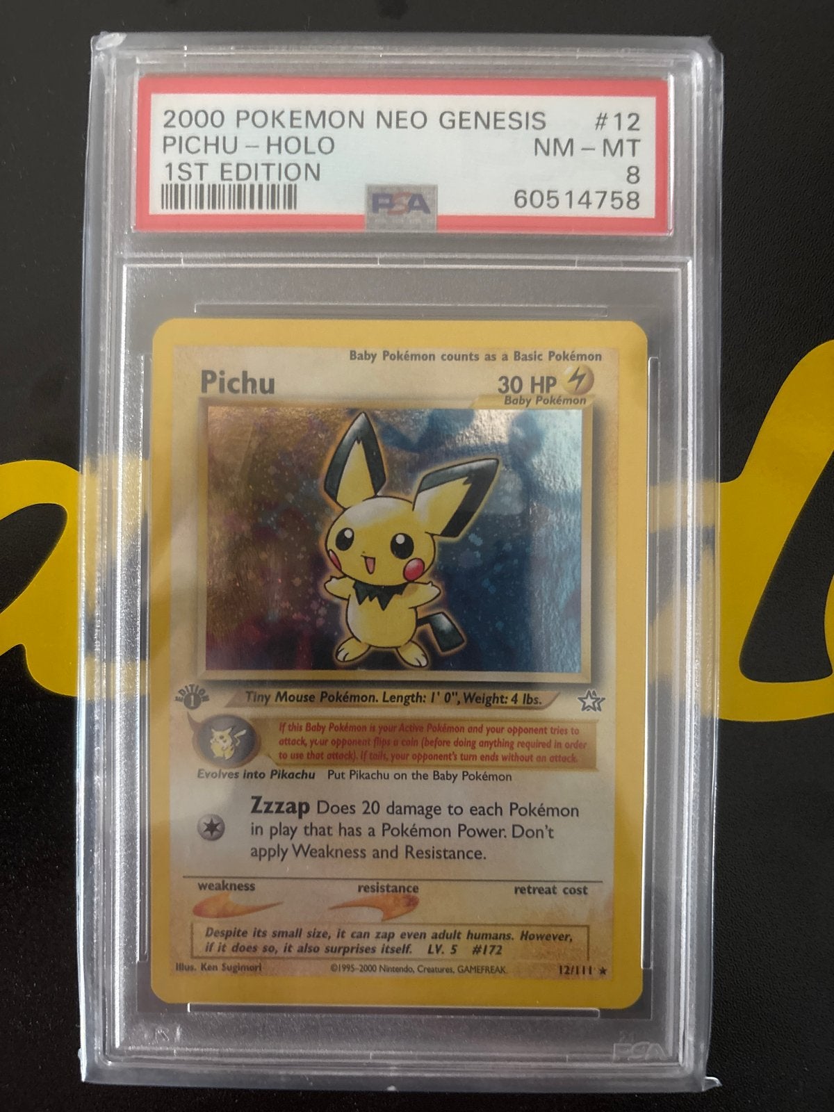 Pichu Holo 1st Edition PSA 8 - Neo Genesis Pokémon Kaart, Ophalen of Verzenden, Zo goed als nieuw, Losse kaart, Foil
