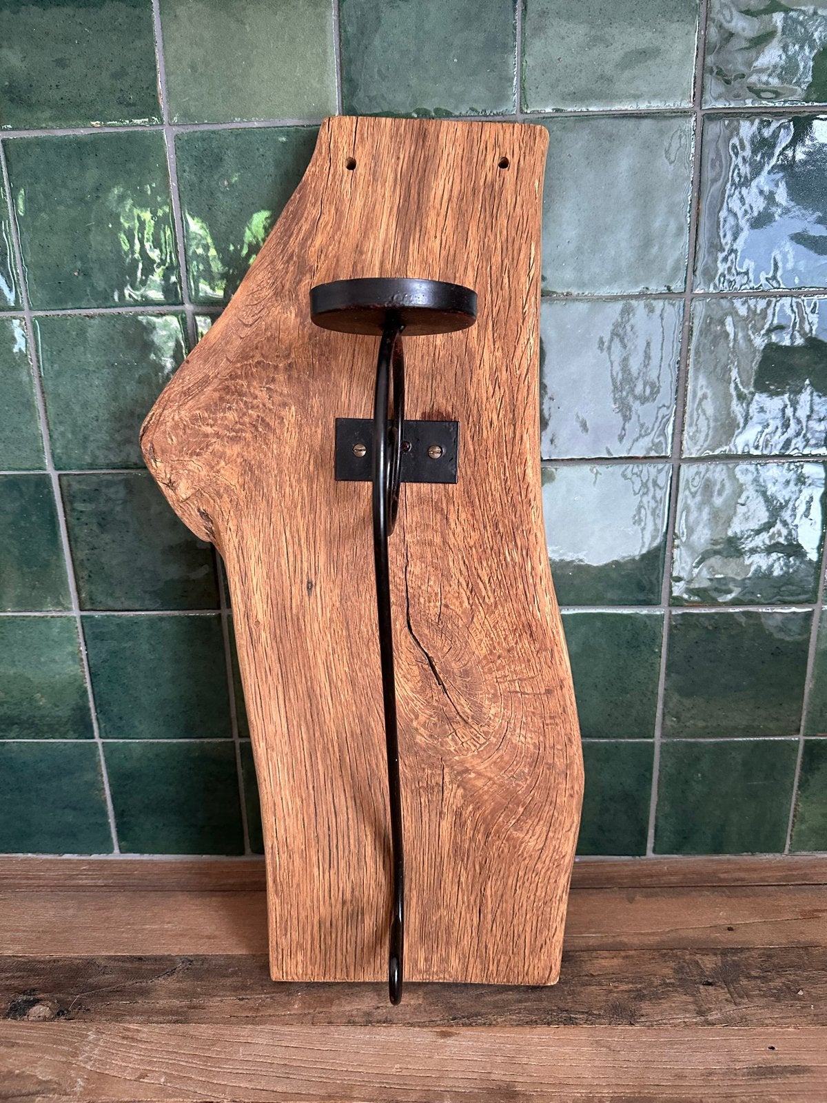Grote houten wandkandelaar 49cm |massief hout & zwart metaal, Ophalen, Overige materialen