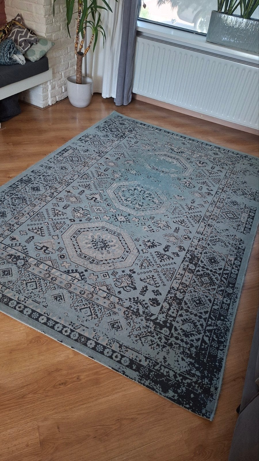 vintage vloerkleed grijs blauw,groene tinten, Huis en Inrichting, Ophalen, 150 tot 200 cm, 200 cm of meer, Rechthoekig