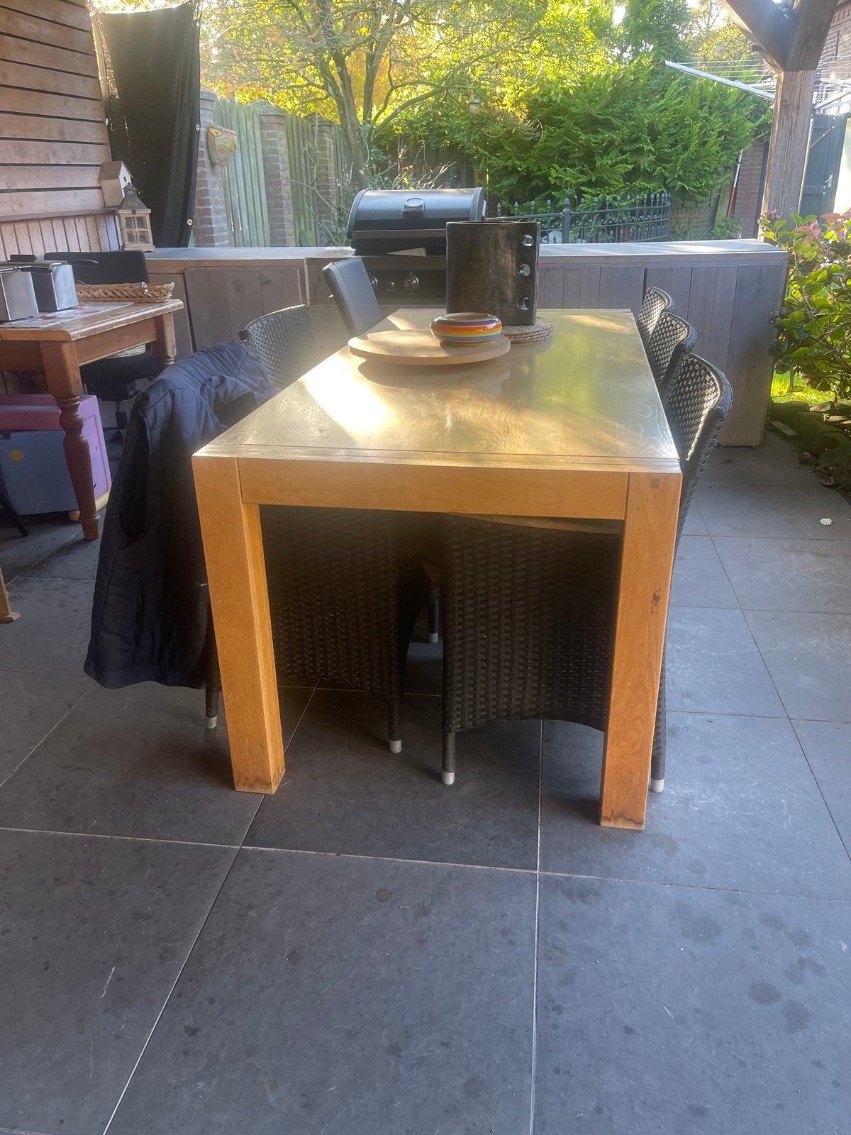 Houten tuintafel eiken, Ophalen of Verzenden, Gebruikt, Rechthoekig, Hout