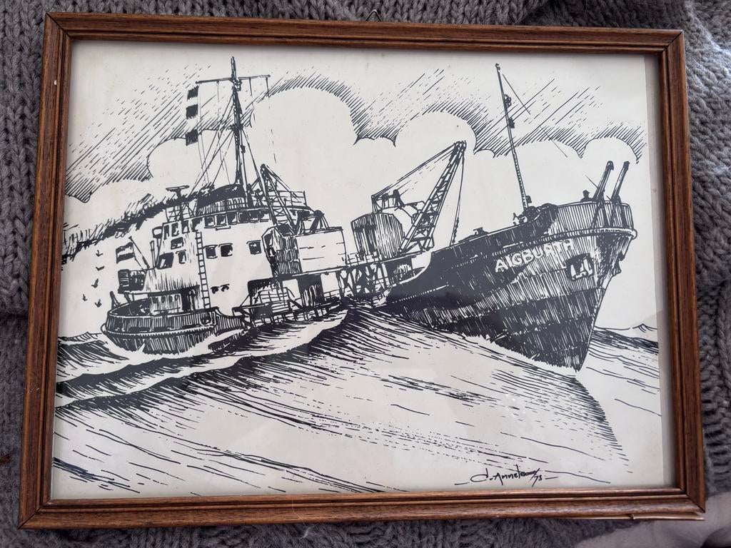 Vintage tekening van schip 'Aigburth' door D. Annetoen '73, Antiek en Kunst, Kunst | Tekeningen en Foto's, Ophalen of Verzenden