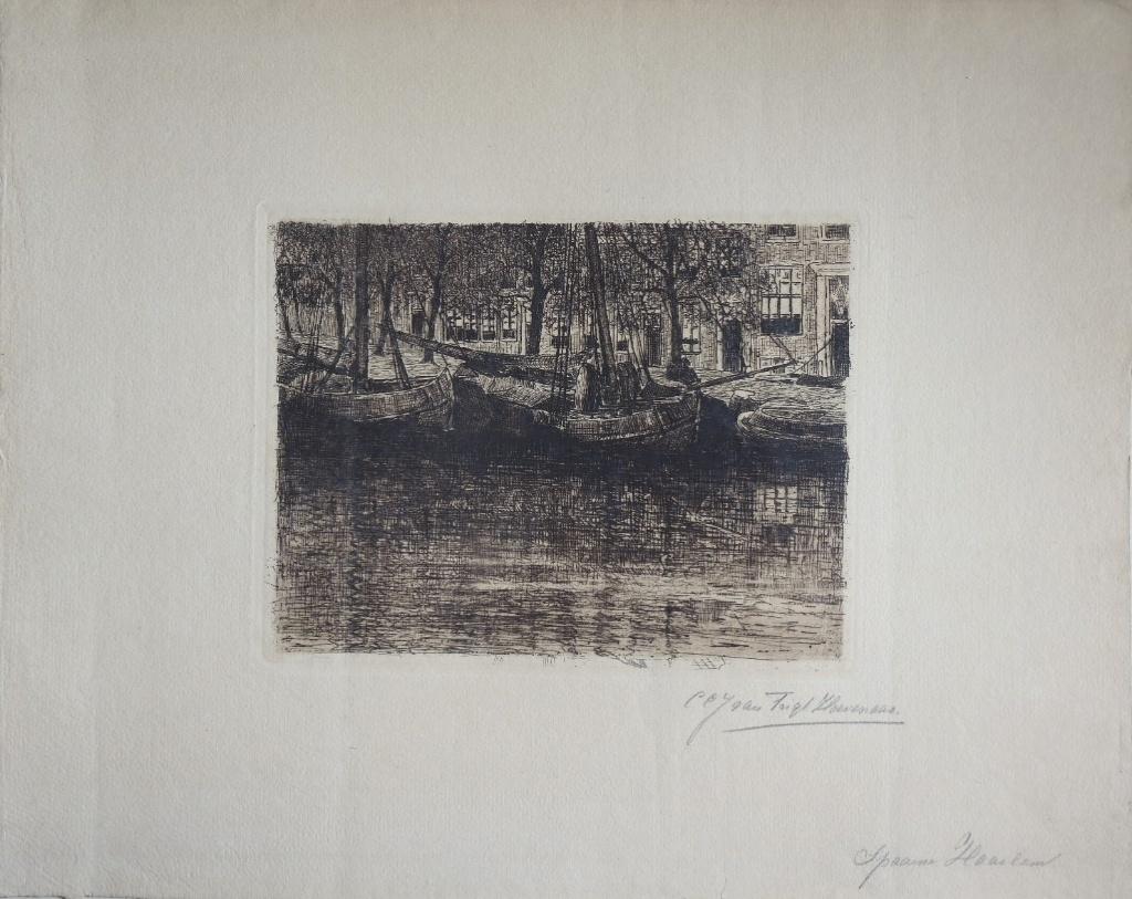 Cornelia van Trigt Hoevenaar ets "Spaarne Haarlem" gesigneer, Ophalen, 1800 - 1899, Ets, Stadsgezicht