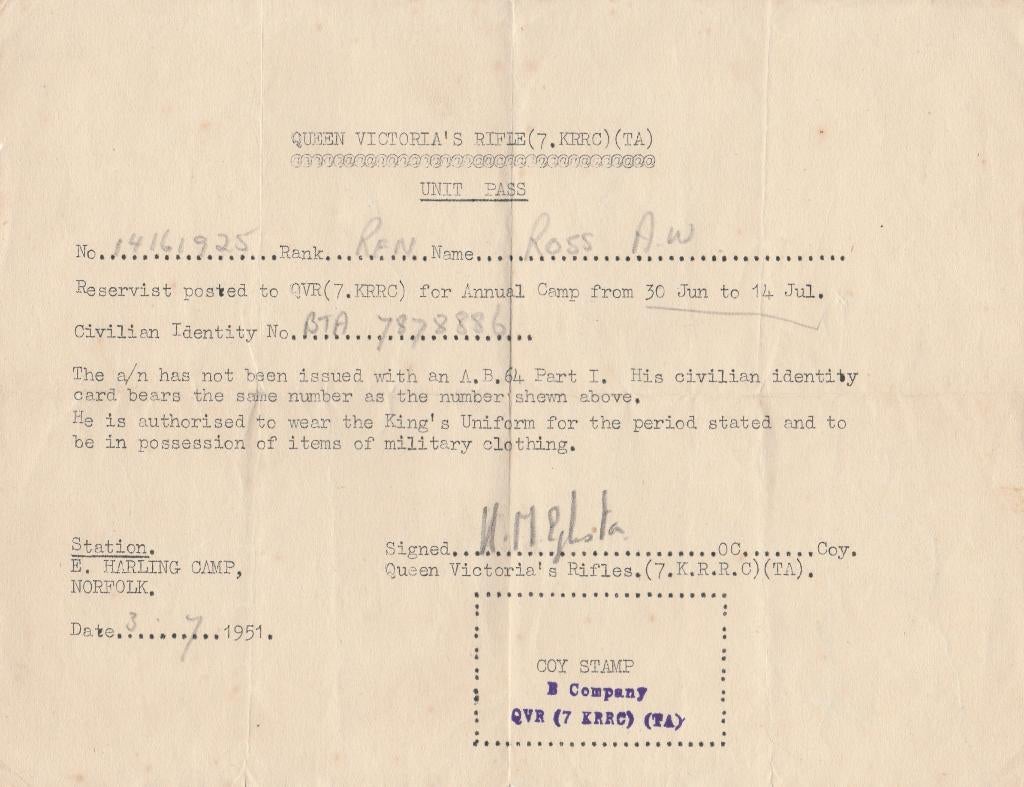 Queen Victoria's Rifles Unit Pass 03.07.1951, Ophalen of Verzenden, Landmacht, Engeland, Boek of Tijdschrift