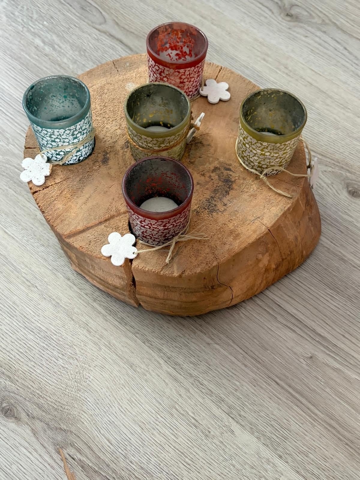 Houten blok met waxinelichtglaasjes erin!!, Ophalen of Verzenden, Zo goed als nieuw, Rond, Hout