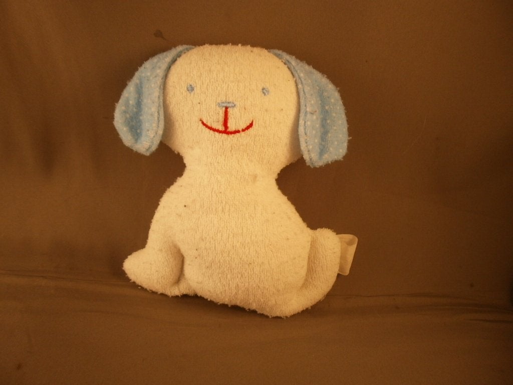 vintage hondje/hond met rammel schijfje badstof wit blauw, Met geluid, Zo goed als nieuw, Meerkleurig, Klein (minder dan 20 cm)