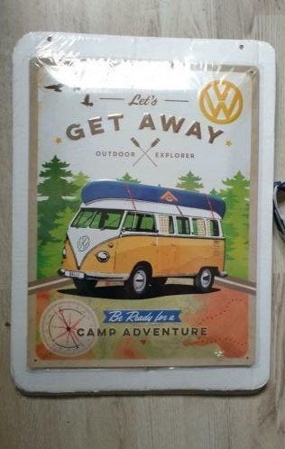 nostalgic art vw volkswagen bus let's get away geel, Ophalen of Verzenden, Nieuw, Metaal, Overige typen