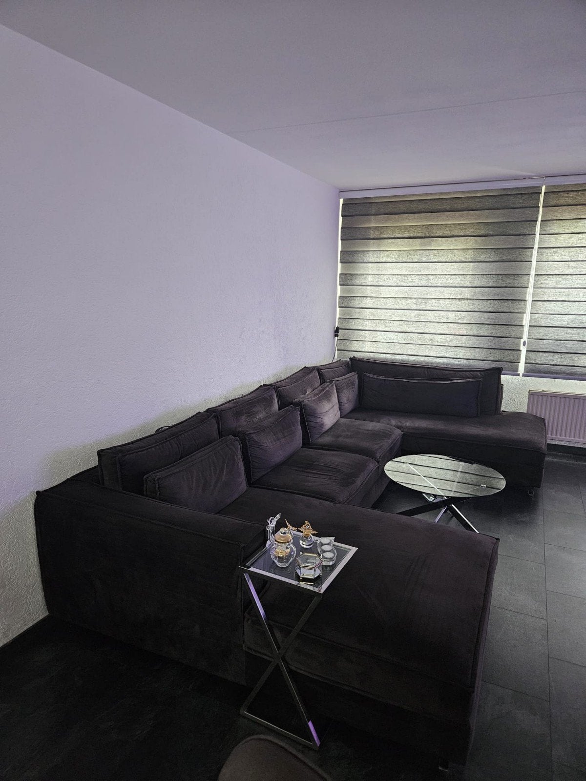 Antraciet U-bank, glazen eettafel en salontafel, Huis en Inrichting, Ophalen, Hoekbank, 300 cm of meer, Zo goed als nieuw