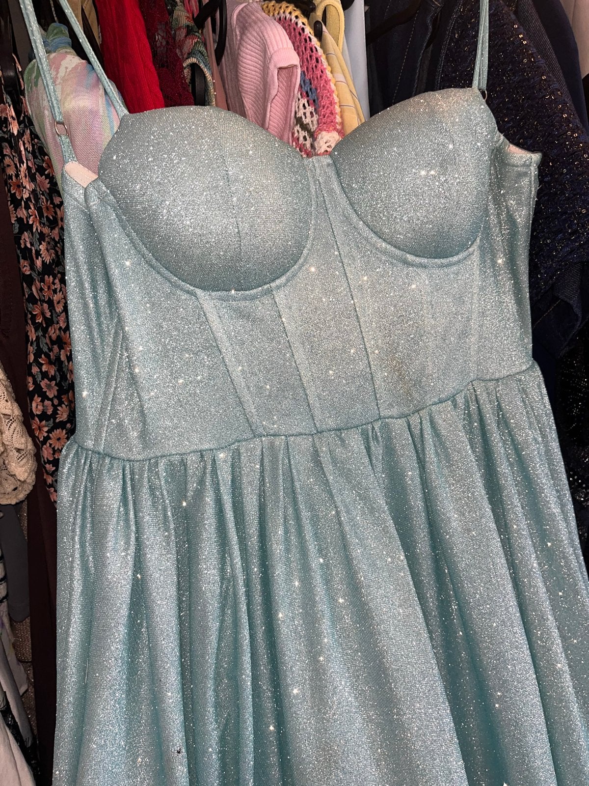 Gala jurk s/m lichtblauw glitter, Ophalen, Blauw, Maat 36 (S), Gedragen