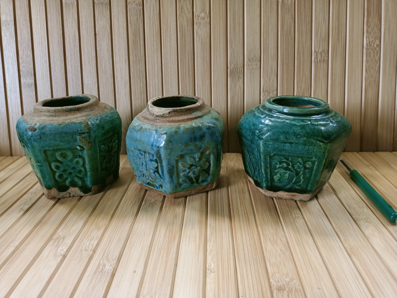 Set van 3 Antieke Chinese Gemberpotten - Groen Glazuur, Ophalen of Verzenden