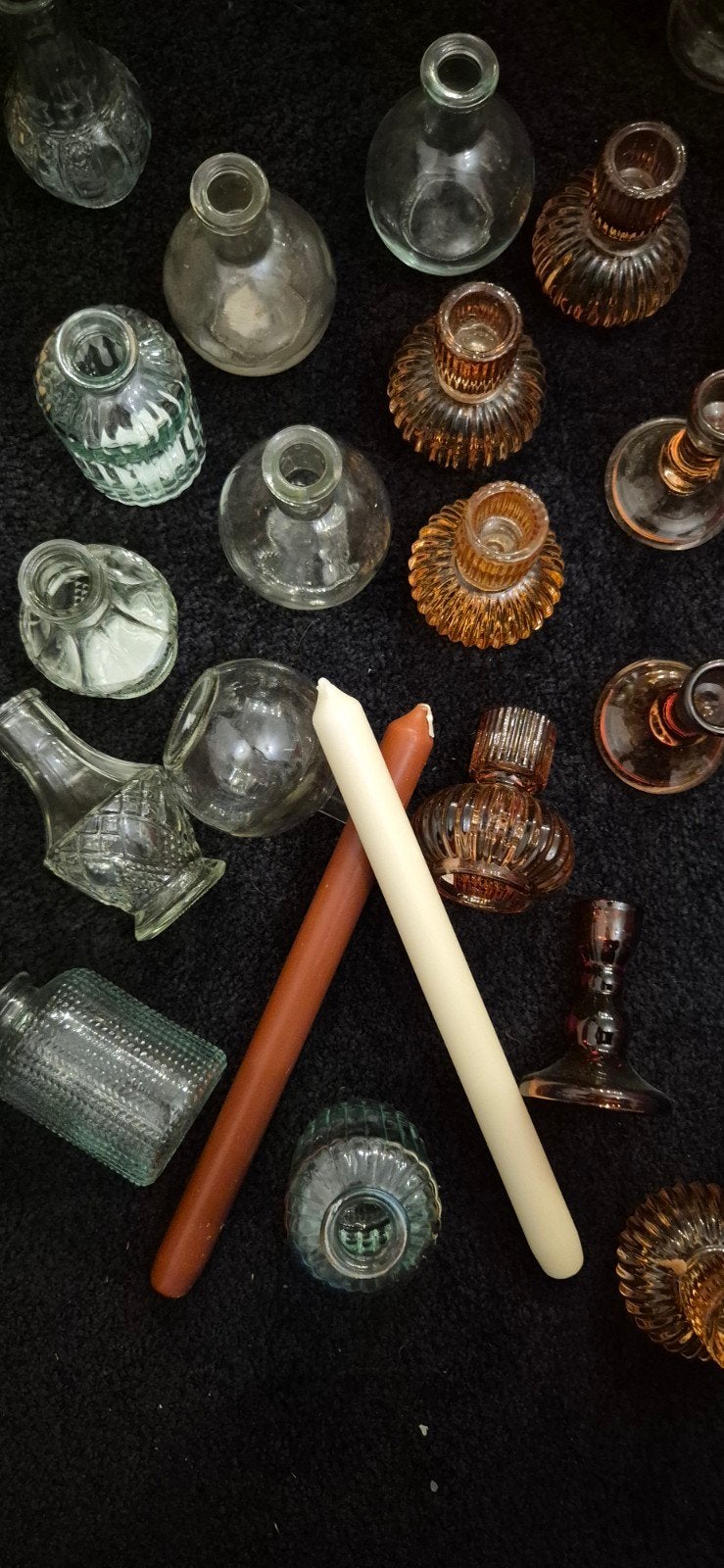 Potjes, vaasjes kandelaren en kaarsen (bruiloft decoratie), Ophalen, Gebruikt, Meerkleurig, Glas