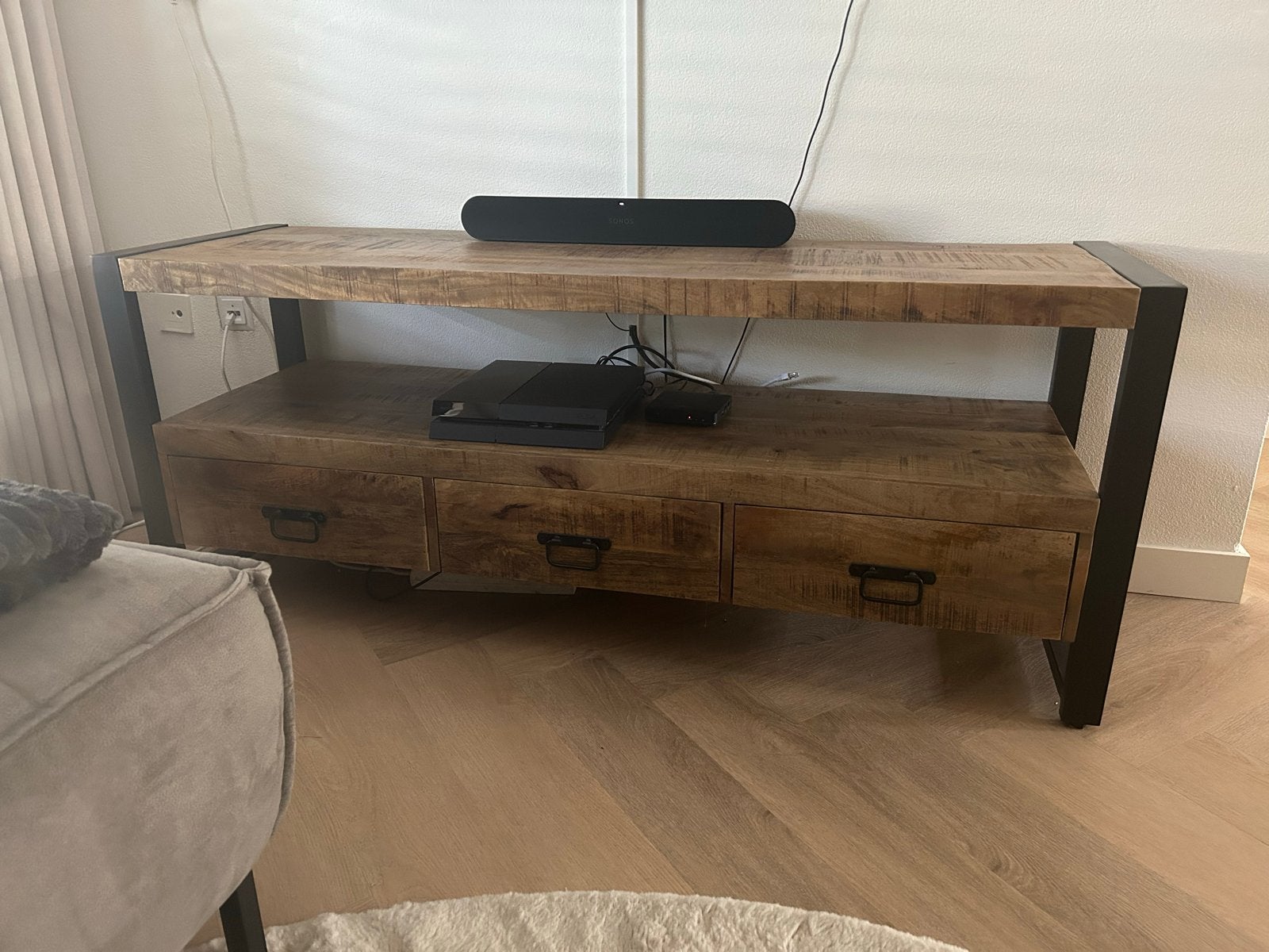 Mangohout TV Meubel 150 cm, Ophalen, Gebruikt, 100 tot 150 cm, Minder dan 100 cm