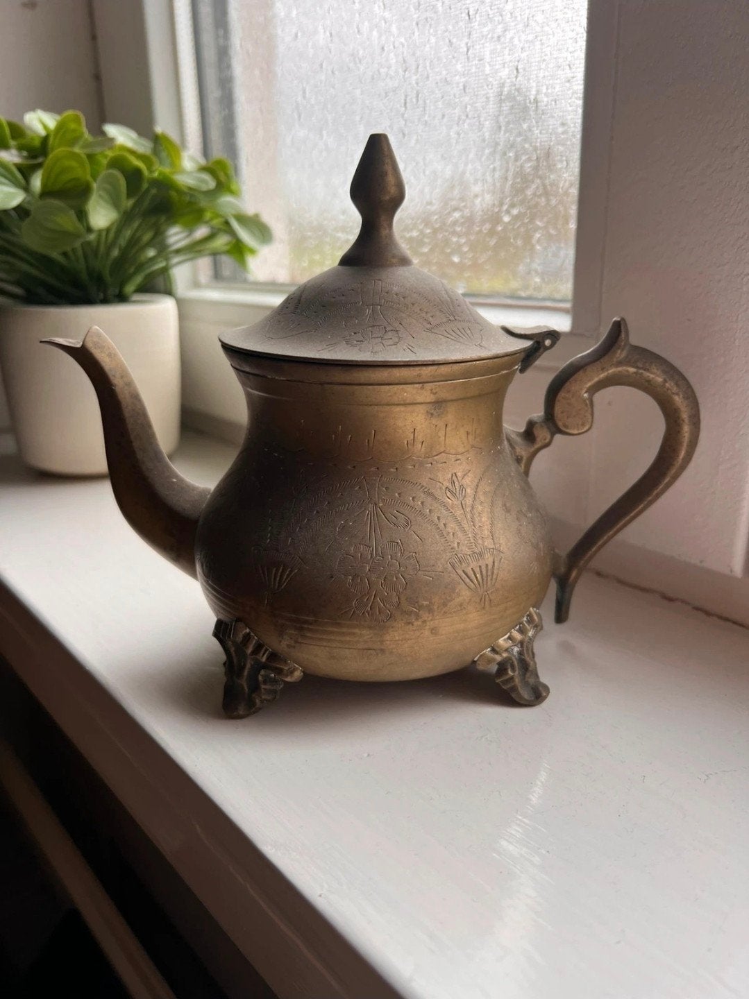 Antieke messing theepot - Indiaas design, verzilverd nikkel, Ophalen of Verzenden