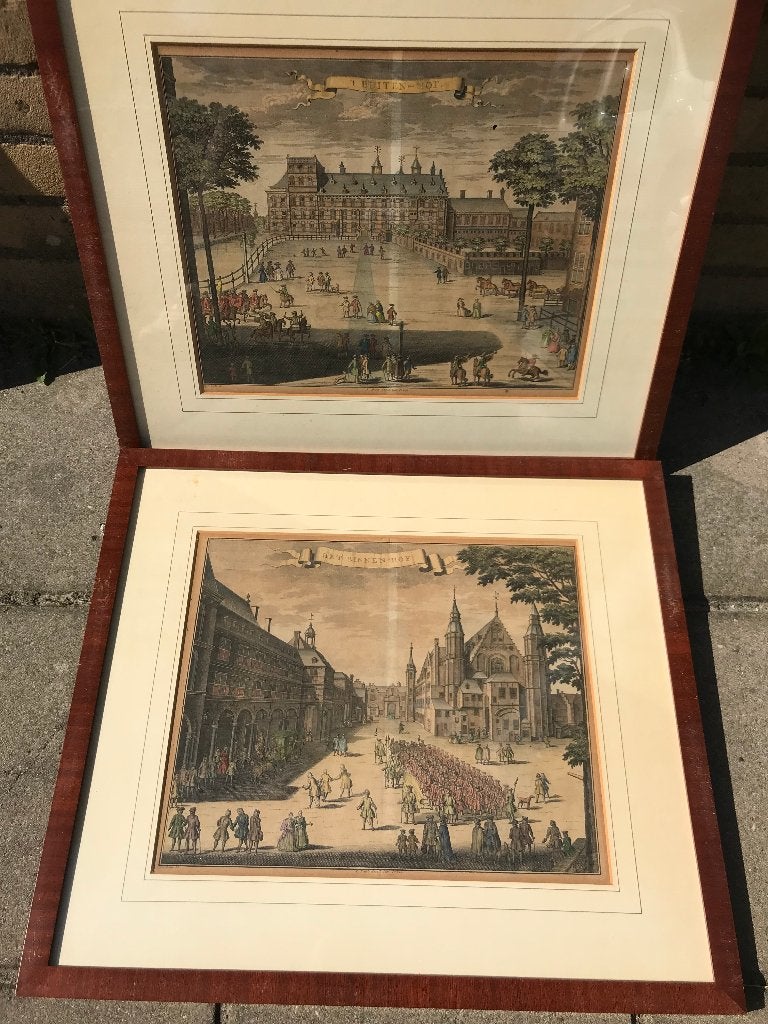 gravures den haag binnen buiten hof 18 eeuw, Antiek en Kunst, Stadsgezicht, Ophalen of Verzenden, Gravure, Dubbele gravure