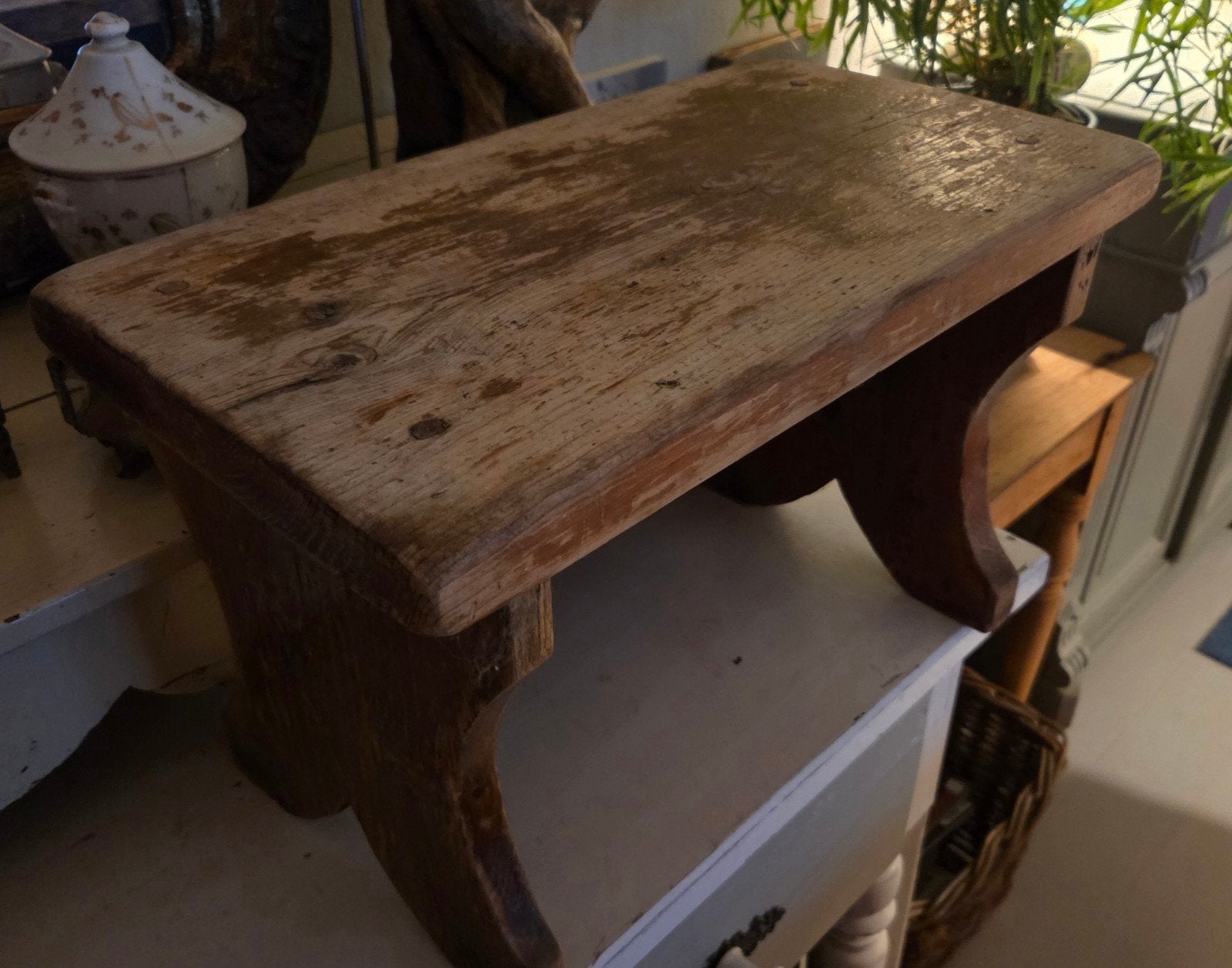 Oude brocante vensterbank kruk of opstapje massief eikenhout, Ophalen