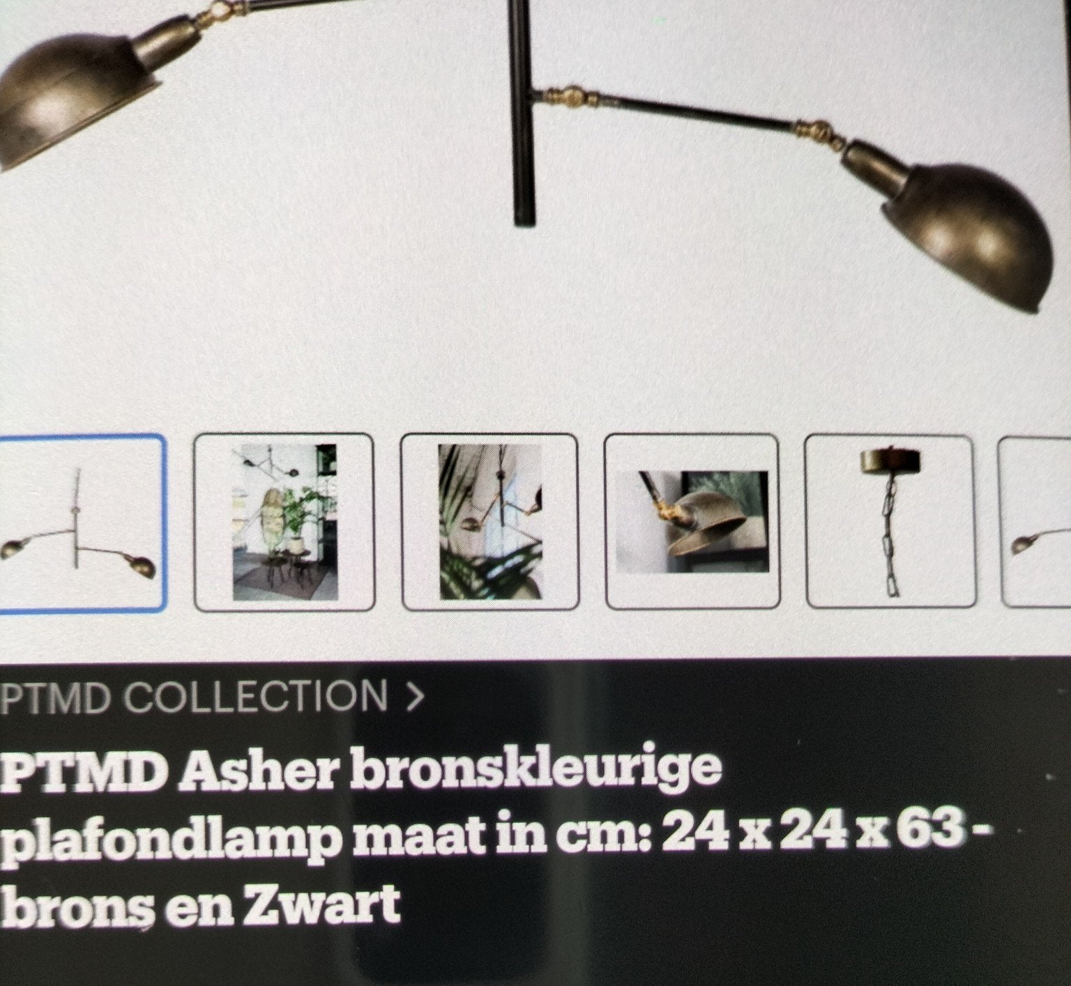 PTMD Asher bronskleurige plafondlamp 24x24x63 cm, Ophalen of Verzenden, Nieuw, Metaal, Modern industrieel