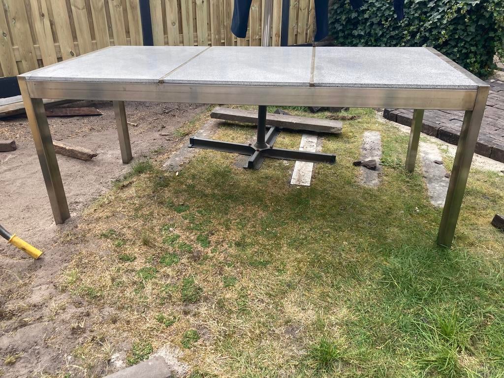 Tuintafel RVS met 3 granieten bladen 190 x 90 cm zga nieuw, Ophalen, Zo goed als nieuw, Rechthoekig, Rvs