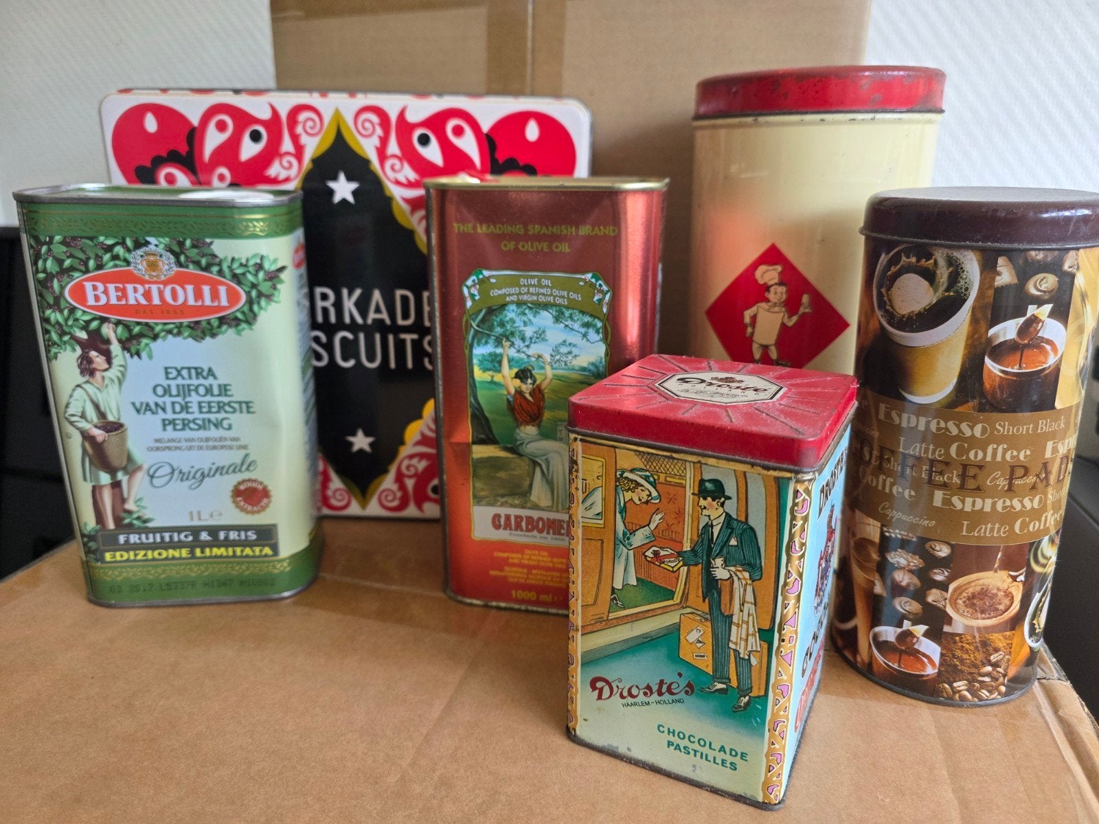 Vintage voorraadblikken: Bertolli, Verkade, Droste, Koffie, Verzamelen, Ophalen, Gebruikt, Overige, Overige merken