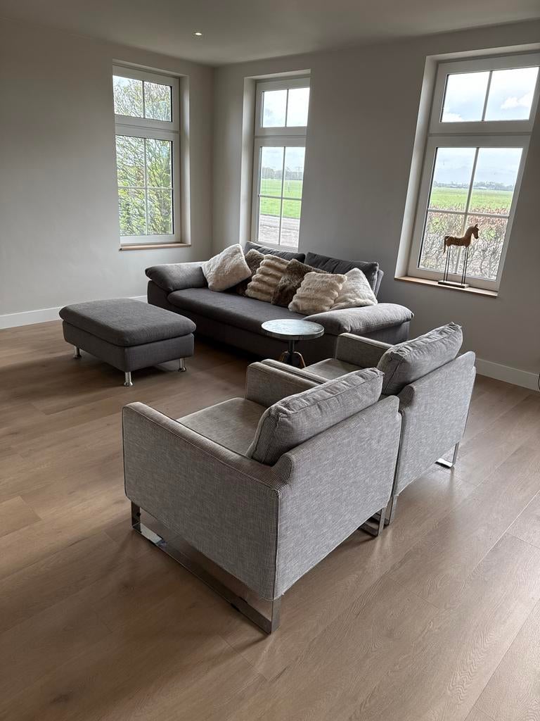 Grijze montel bank met poef, twee fauteuils MOET NU WEG!!!!!, Ophalen, Gebruikt, Driepersoons, 75 tot 100 cm