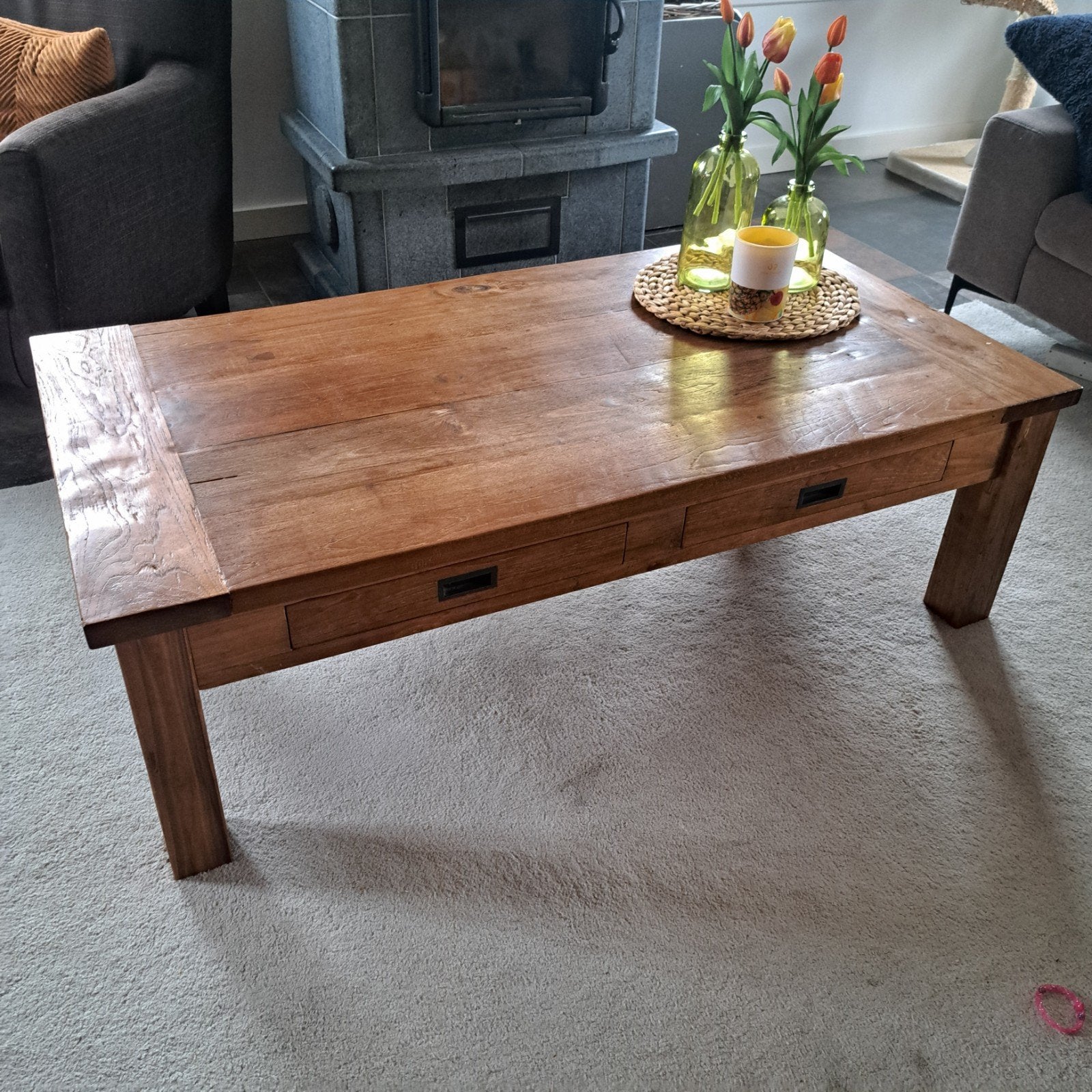 Teak houten salontafel, Ophalen, 100 tot 150 cm, 50 tot 100 cm, Zo goed als nieuw