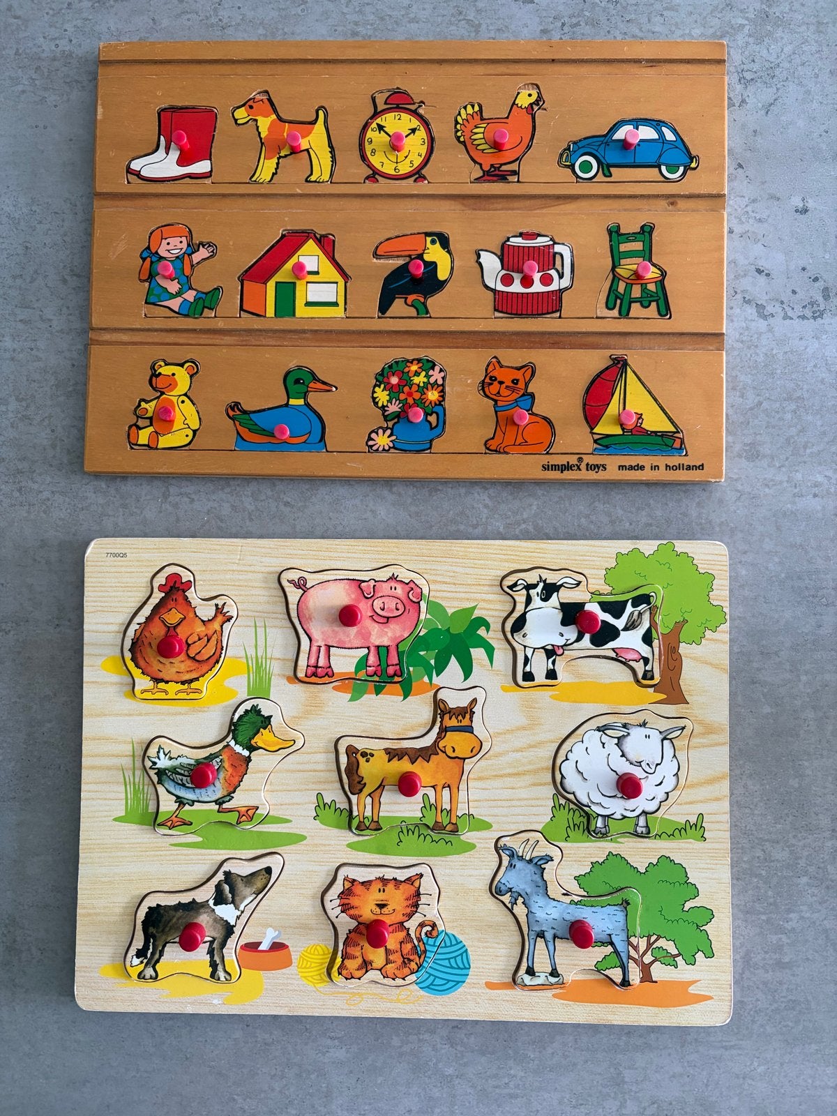 2 Houten Insteekpuzzels: Boerderijdieren & Diverse Figuren, Ophalen, Gebruikt, Puzzelen