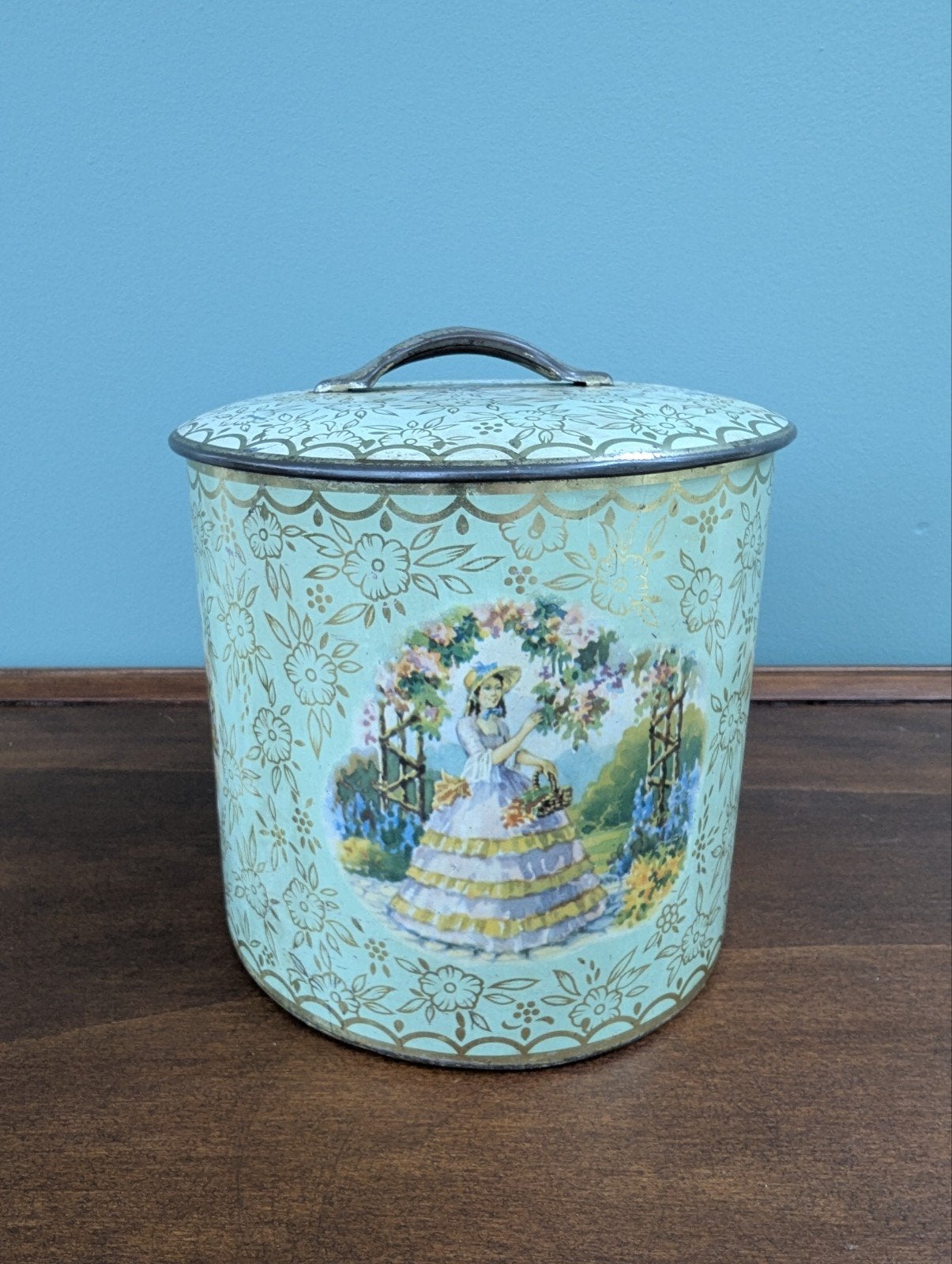 Engels brocante blik met  victoriaanse dame & bloemen., Ophalen of Verzenden, Gebruikt, Overige