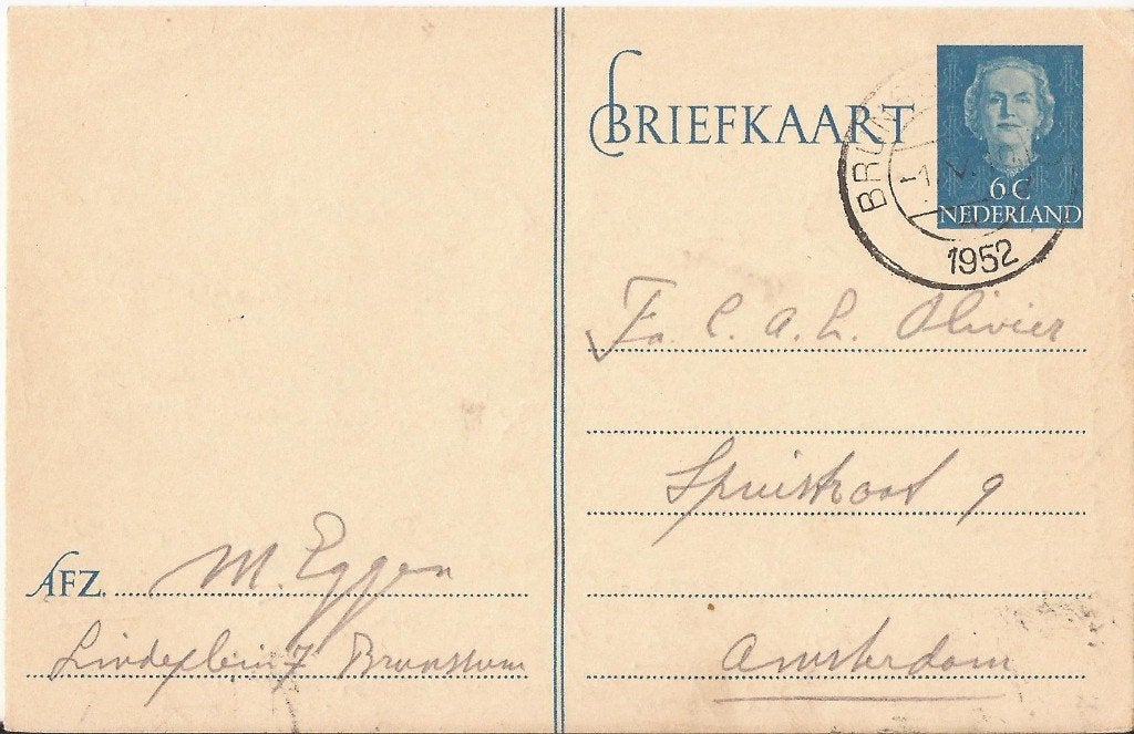 BRUNSSUM 1952 M. EGGEN Lindepln 27 terugzending buizensnijer, Verzenden, 1920 tot 1940, Gelopen, Limburg