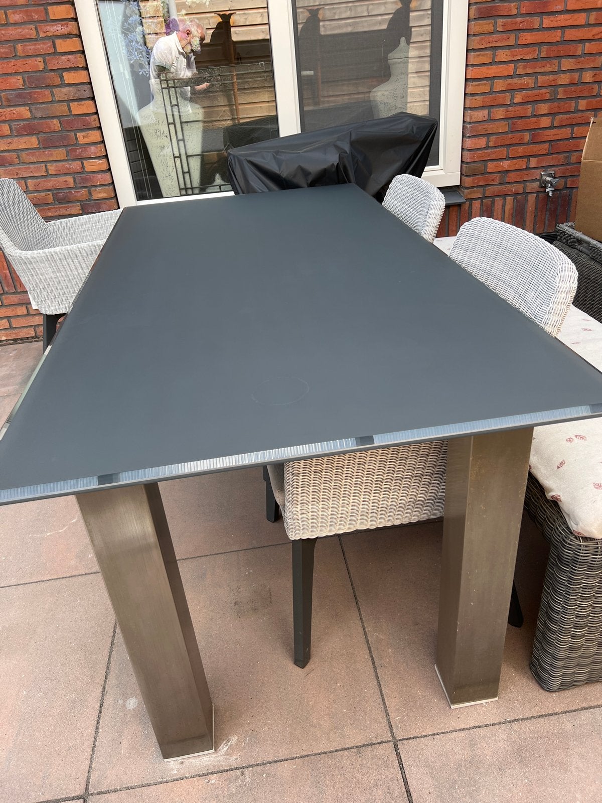 Tuintafel met krasvrij glazenblad. Afm l1.80xbr90xh75, Ophalen, Gebruikt, Rechthoekig, Metaal