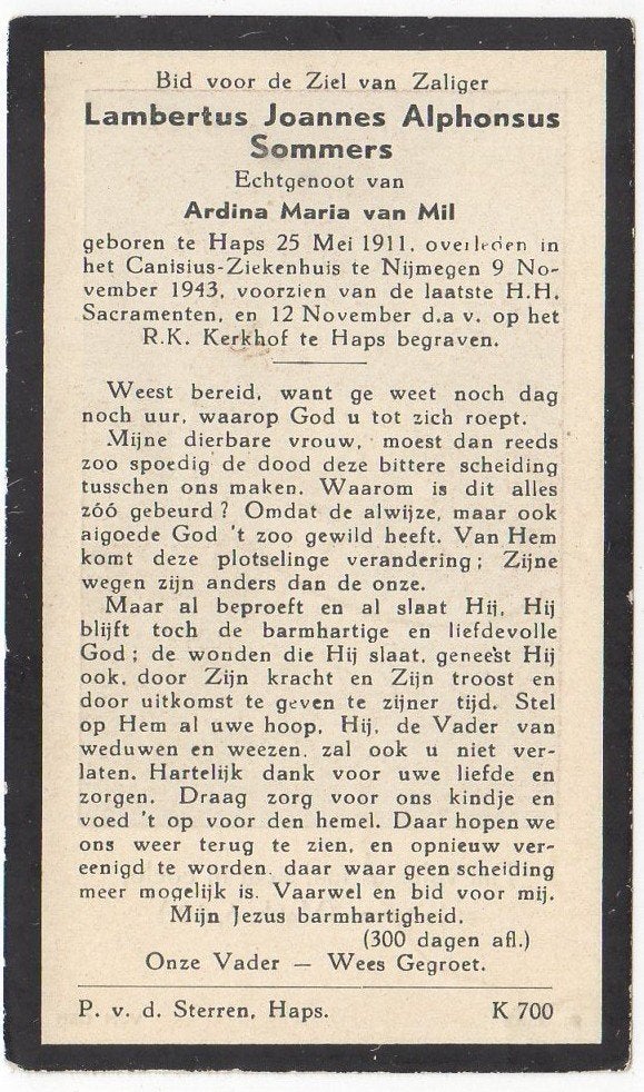 Lambertus J.A. Sommers 1911 Haps + 1943 Nijmegen, 32 jaar, Verzamelen, Bidprentjes en Rouwkaarten, Verzenden