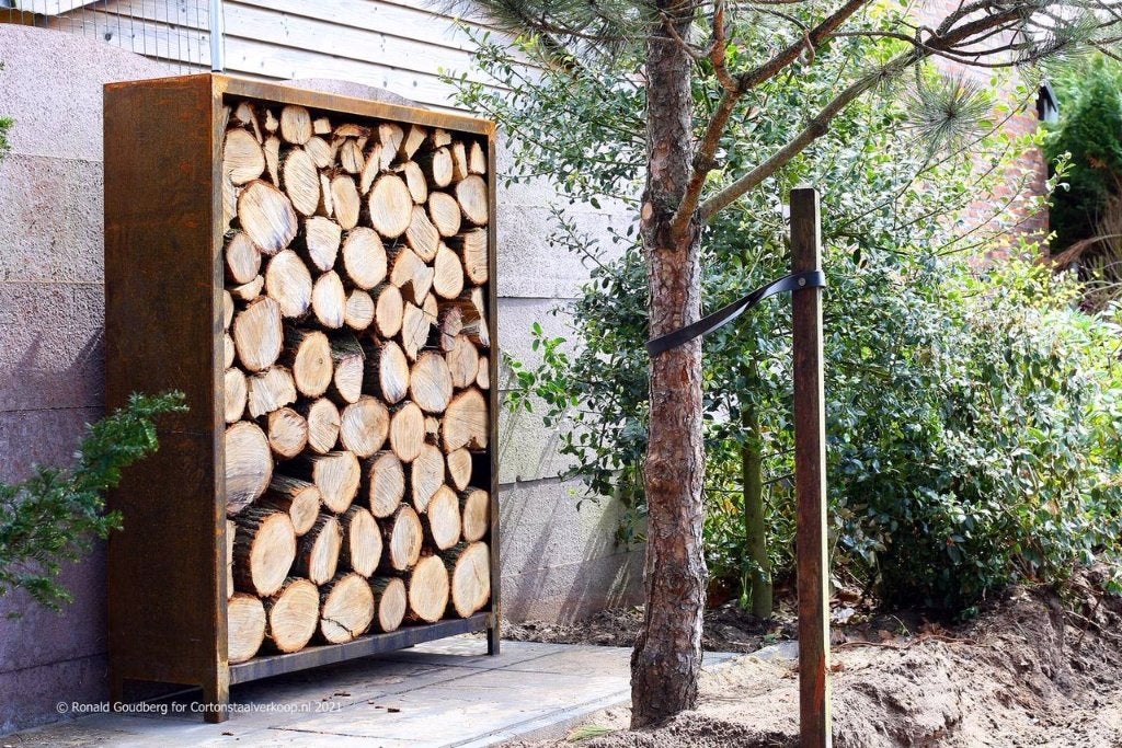 Cortenstaal houtopslag, tuinbank met houtopslag, Minder dan 3 m³, Ophalen of Verzenden, Blokken