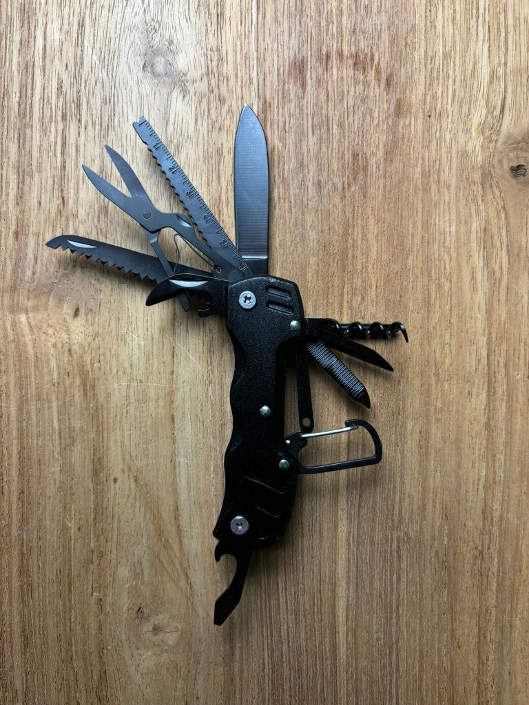 Zwart campingmultitool met mes, zaag en bestek, Ophalen of Verzenden, Nieuw