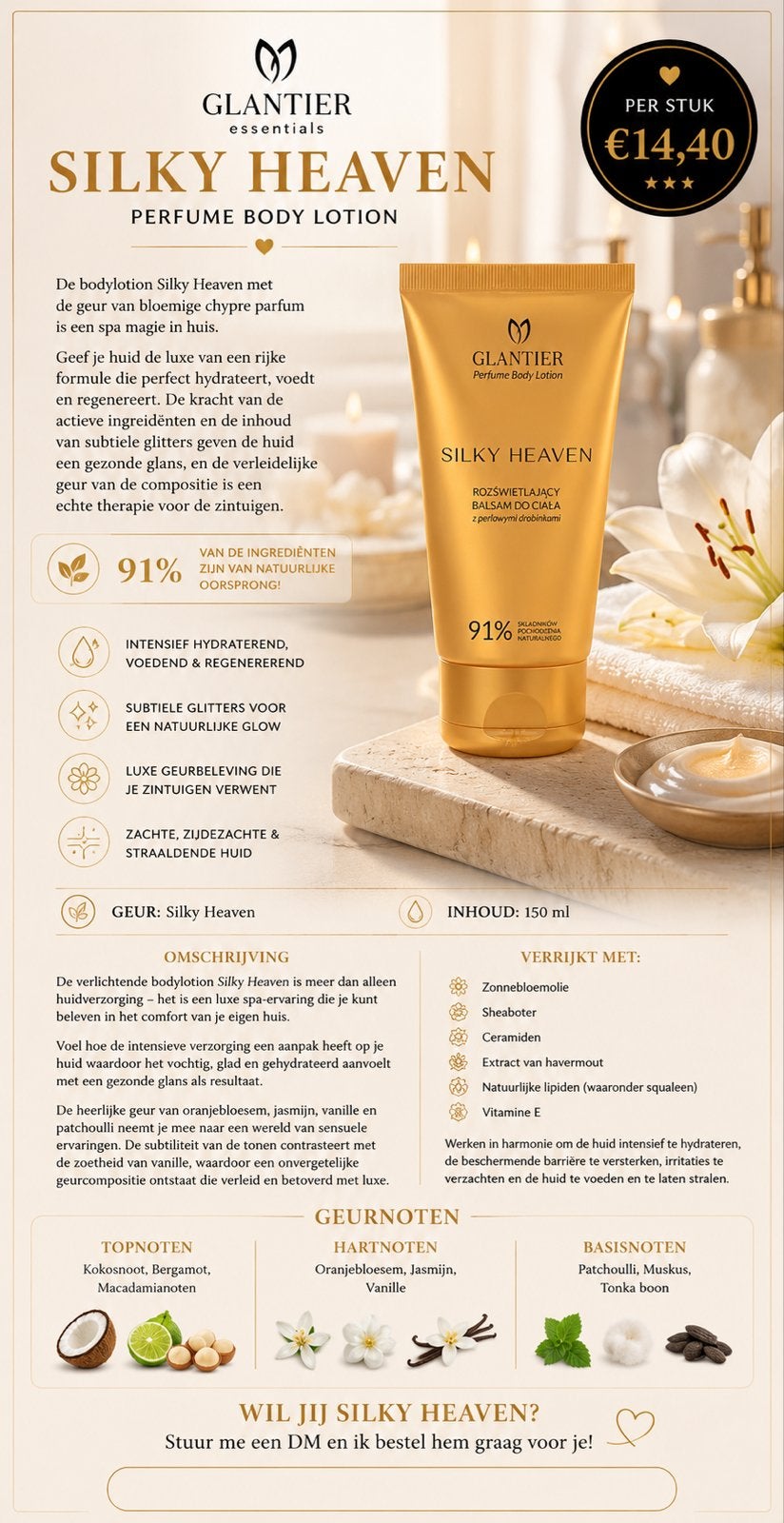 Glantier Silky Heaven Parfum Bodylotion - 150ml, Ophalen of Verzenden, Nieuw, Bodylotion, Crème of Olie