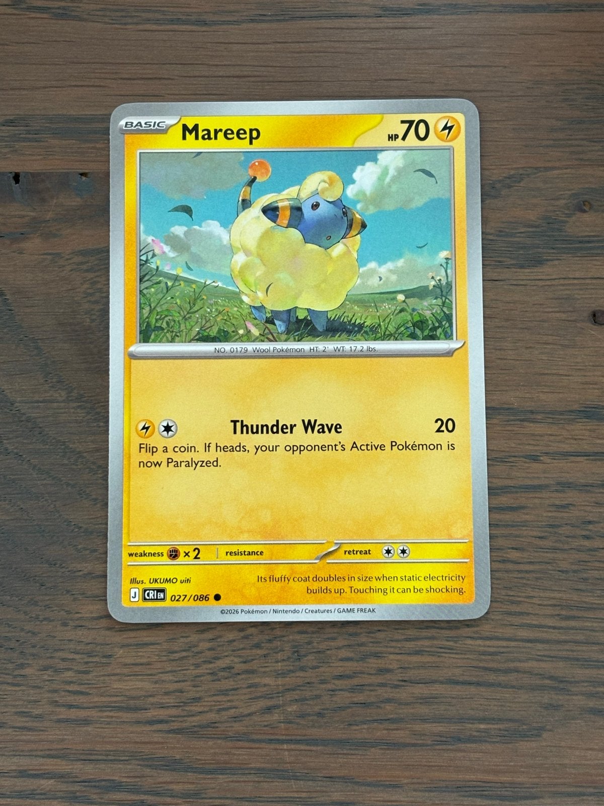 Pokémon Kaart Mareep 027/086 Basic HP70, Ophalen of Verzenden, Zo goed als nieuw, Losse kaart