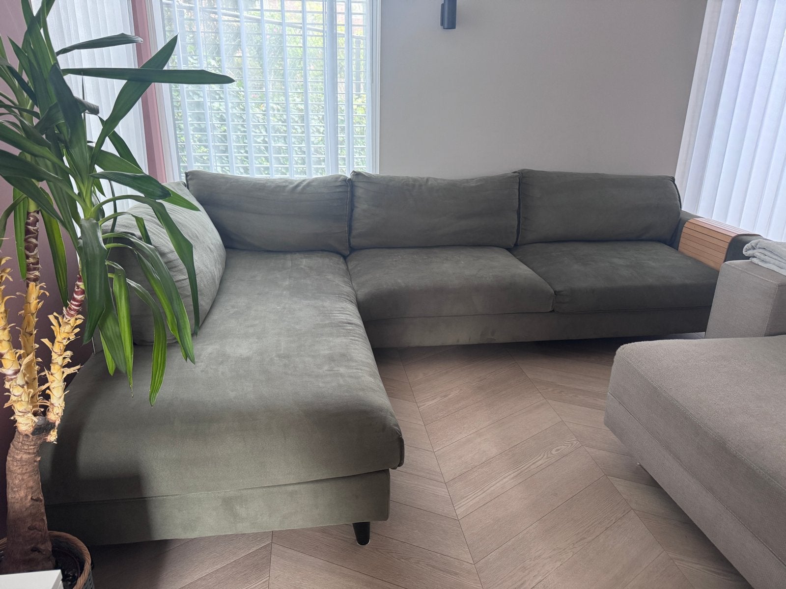 Olijfgroene Goossens hoekbank - 308x208 cm, Overige materialen, Gebruikt, Overige maten, Minder dan 75 cm