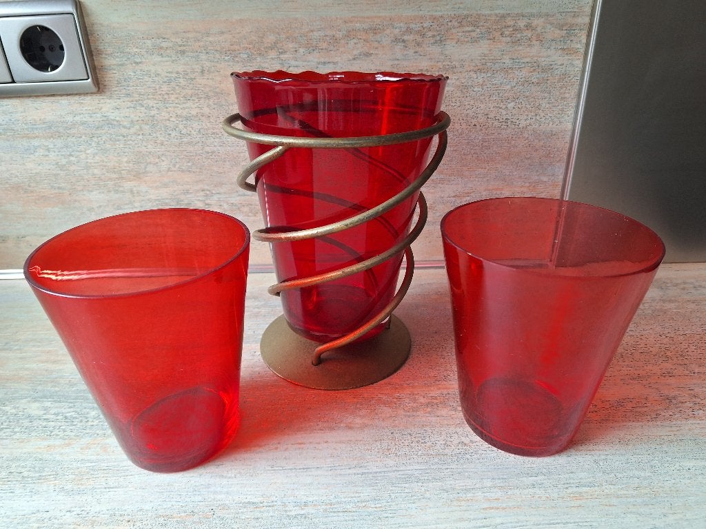 Rode glazen vaas en 2 glazen potten, Huis en Inrichting, Ophalen, 20 cm, Rood, Glas