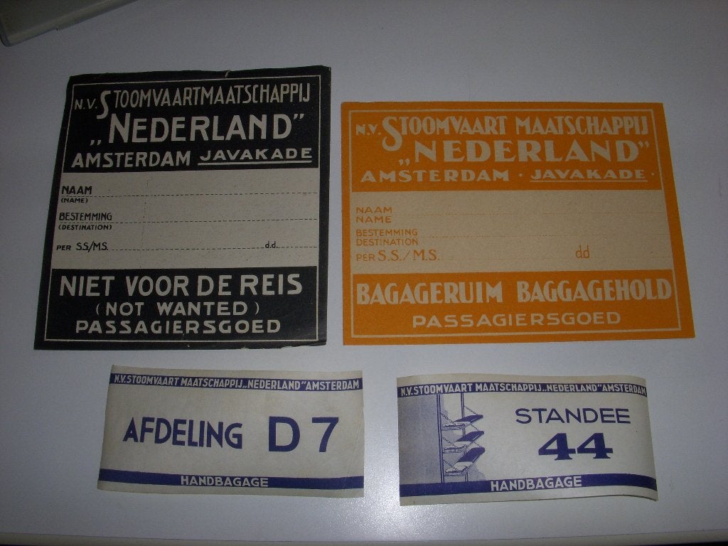 4 Mooie oude kofferlabels Stoomvaart Mij Nederland Amsterdam, Verzamelen, Scheepvaart, Ophalen of Verzenden, Gebruikt, Motorboot