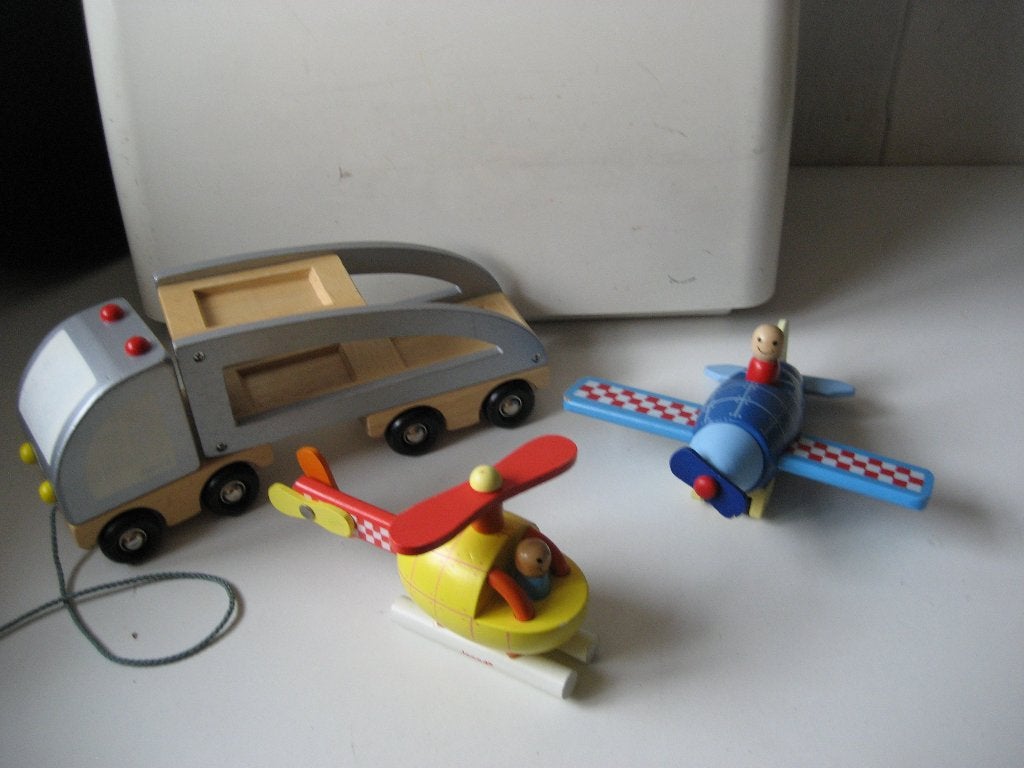 janod set hout vrachtwagen helikopter en vliegtuig, Ophalen of Verzenden, Gebruikt