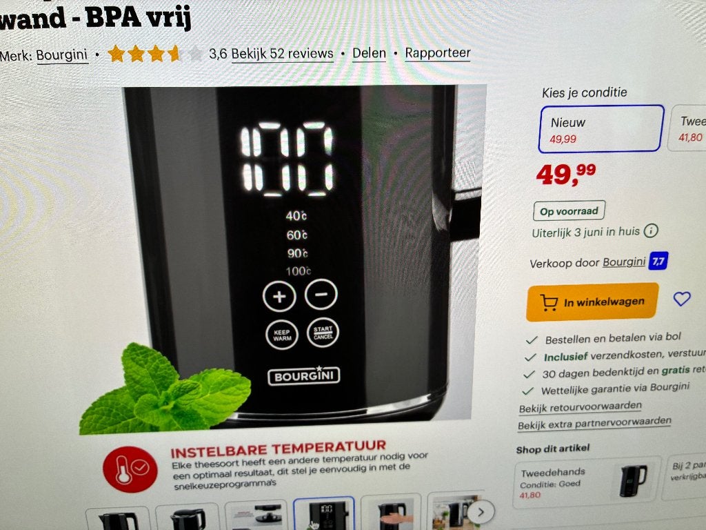 SPLINTER NIEUW Waterkoker Bourgini Cool Touch 1,7 liter, 1 tot 2 liter, Ophalen of Verzenden, Nieuw