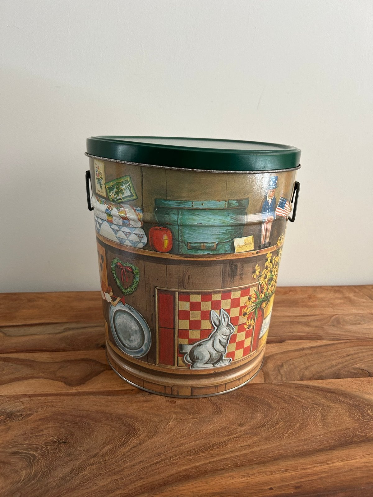 Vintage metalen opbergton met landelijke print, Ophalen of Verzenden