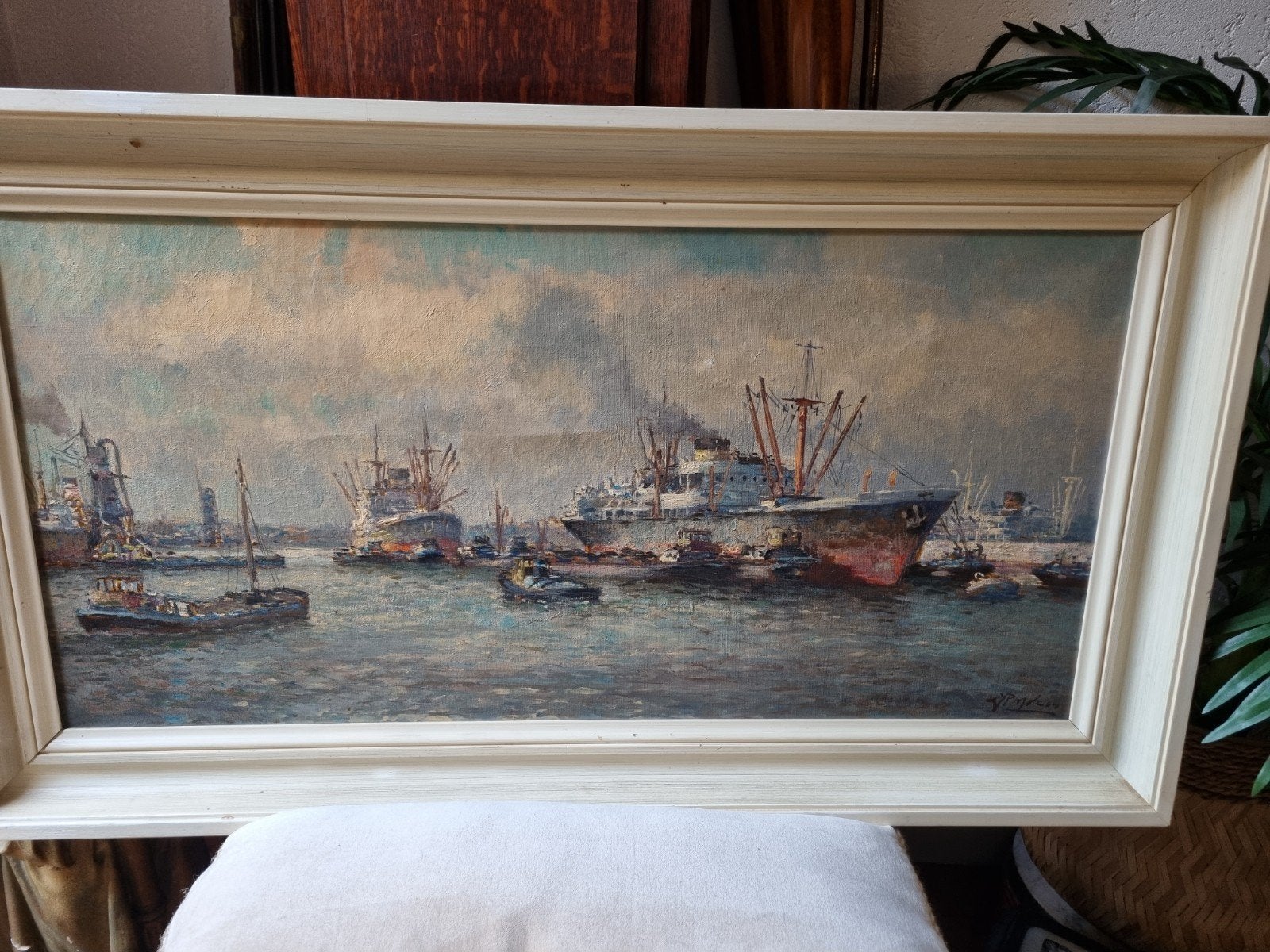 Olieverf schilderij havengezicht., Antiek en Kunst, Ophalen