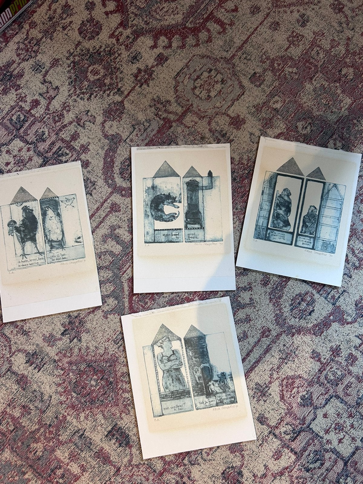 Karin Campfens 4 gesigneerde litho’s, Ophalen of Verzenden