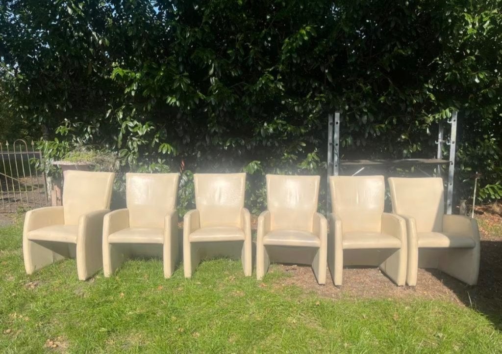 Witte leren stoelen 6 stuks, Huis en Inrichting, Stoelen, Ophalen, Gebruikt, Wit, Leer