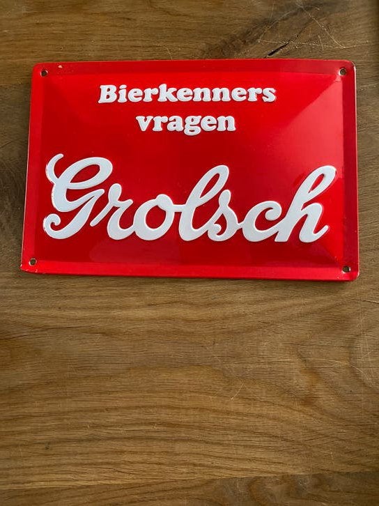 Vintage Grolsch Emaille Reclamebord - Bierkenners Vragen, Ophalen of Verzenden