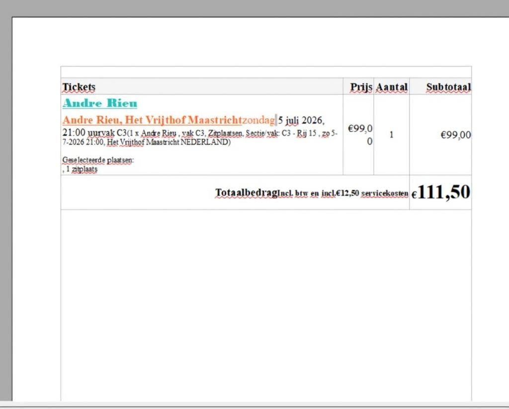 ANDRÉ RIEU 5 Juni 2026, Tickets en Kaartjes, Eén persoon, Juni
